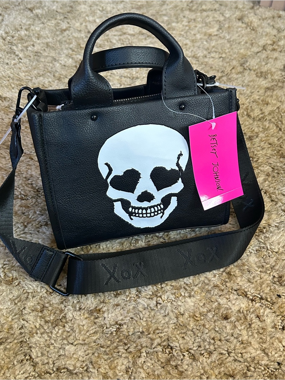 Betsey Johnson Halloween Heart Eyes Black Skull Mini Tote Crossbody Bag